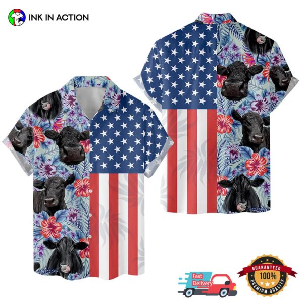 Tropical Funny Cow Floral  USA Flag Hawaiian Shirt