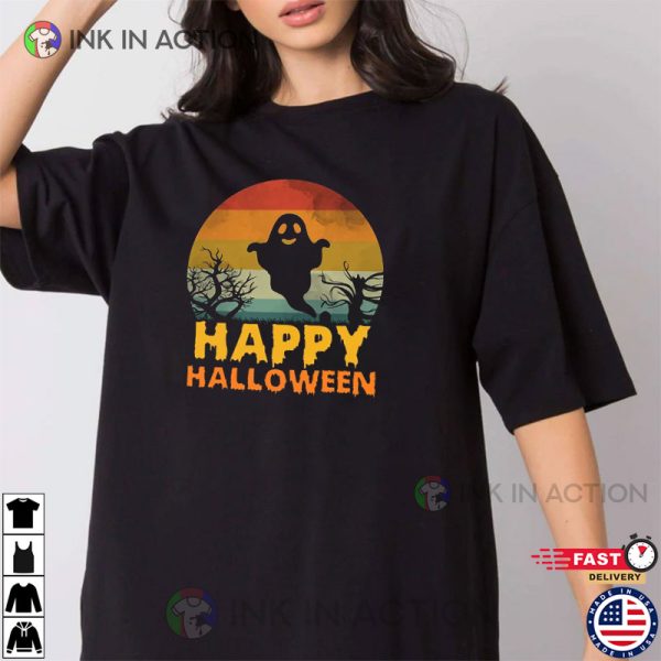 Retro Happy Halloween Ghost Pumpkin Color Shirt