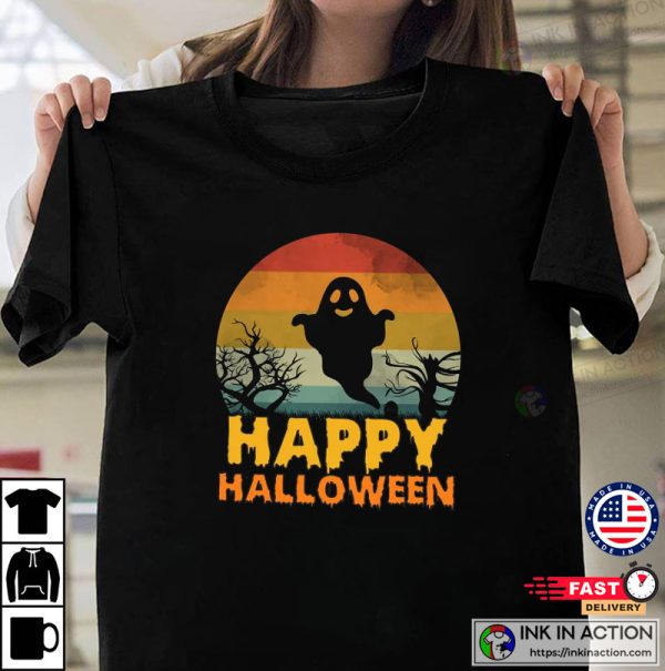 Retro Happy Halloween Ghost Pumpkin Color Shirt