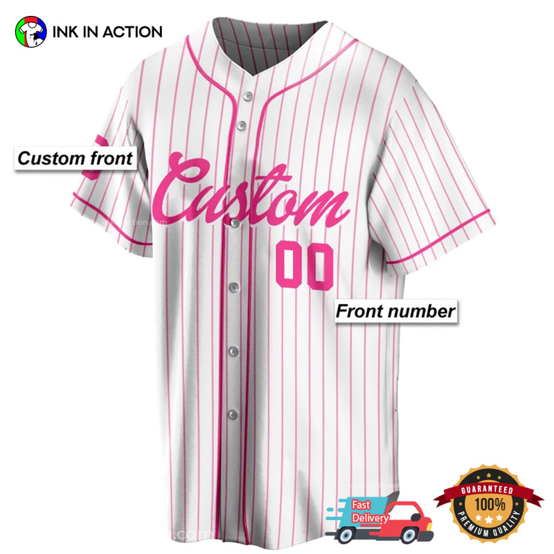 pink and white baseball jersey