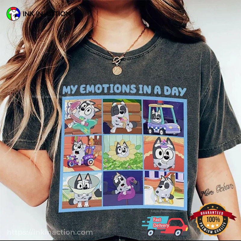 My Emotions In A Day Muffin Sublimation Design T-shirt, Bluey Disney Merch