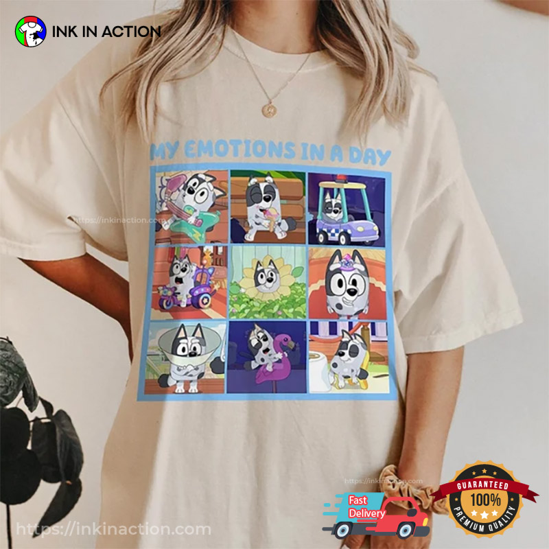 My Emotions In A Day Muffin Sublimation Design T-shirt, Bluey Disney Merch