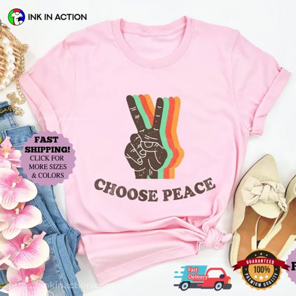 Retro Choose Peace, Peace Symbol With Hands Inspirational Tee