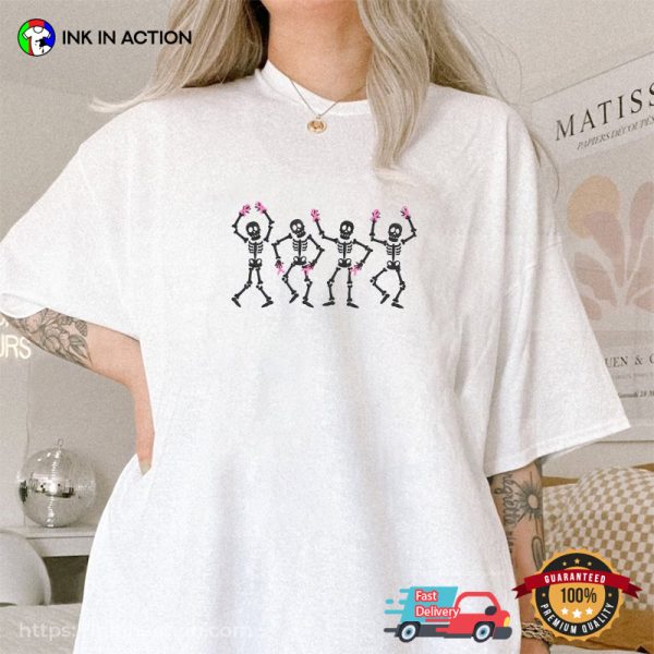 Halloween Skeletons Ribbon Breast Cancer Awareness T-Shirt