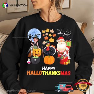happy hallothanksmas Witch Gnome Santa T Shirt 2
