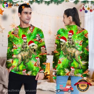 Cat Riding Dinosaur funniest ugly christmas sweater