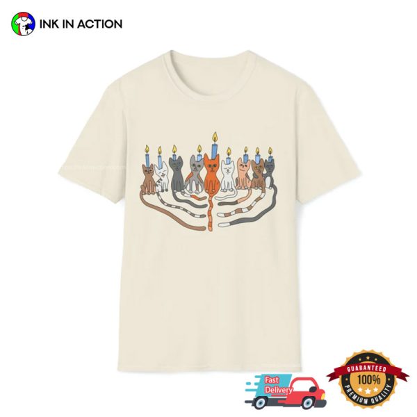 Funny Cat Menorah Festival Of Lights Hanukkah Comfort Colors Tee