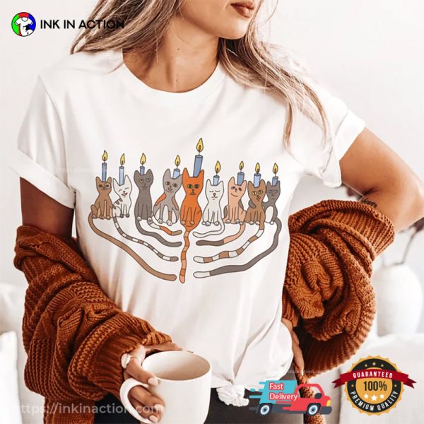 Funny Cat Menorah Festival Of Lights Hanukkah Comfort Colors Tee