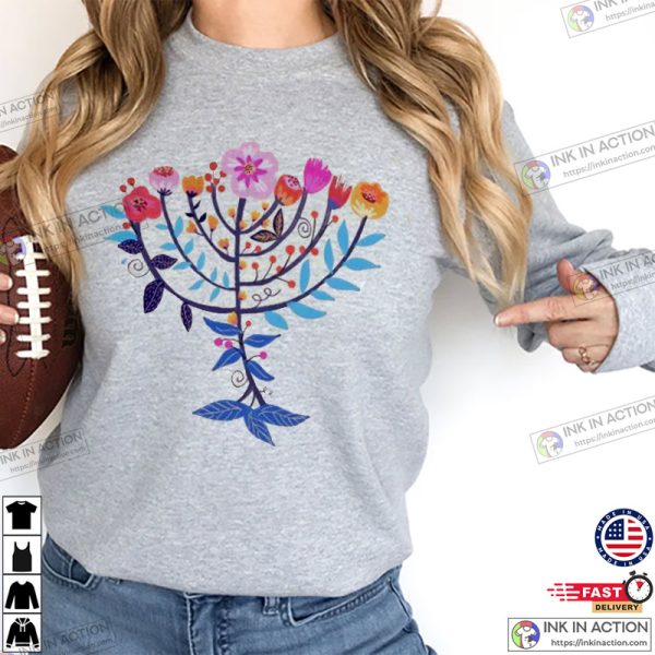 Hanukkah Flower Menorah Unisex Cotton Tee