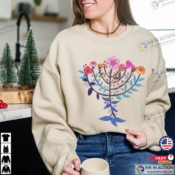 Hanukkah Flower Menorah Unisex Cotton Tee