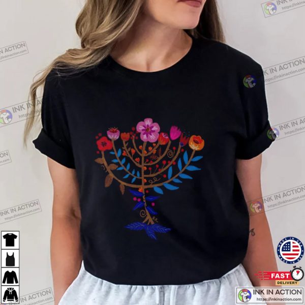 Hanukkah Flower Menorah Unisex Cotton Tee