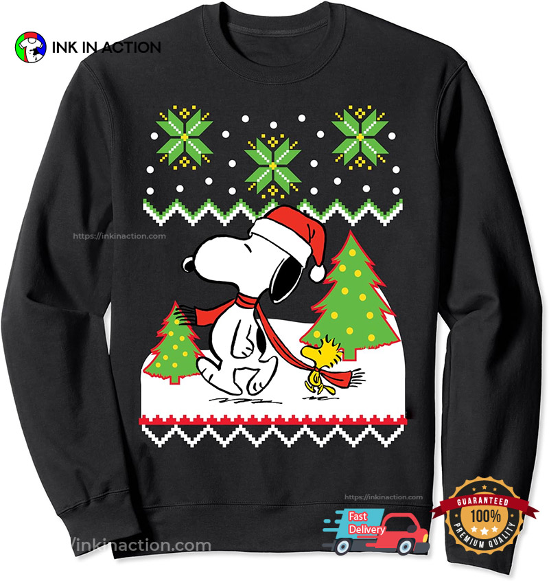 Santa Snoopy And Woodstock On Christmas Tee