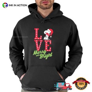 Snoopy Hat Santa Love merry and bright Shirt 3