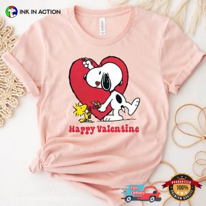 Happy Valentine peanuts snoopy And Woodstock Draw Heart Cute Tee 1