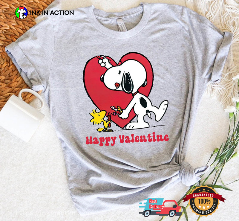 Happy Valentine Peanuts Snoopy And Woodstock Draw Heart Cute Tee