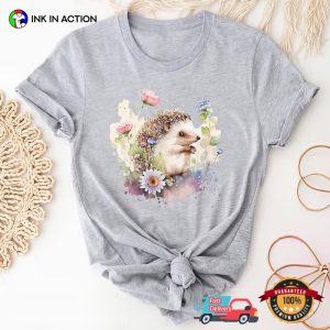Hedgehog With Flowers Watercolor T Shirt 3