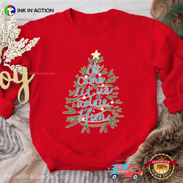 Let Us Adore Him Christian Christmas Tree T-shirt