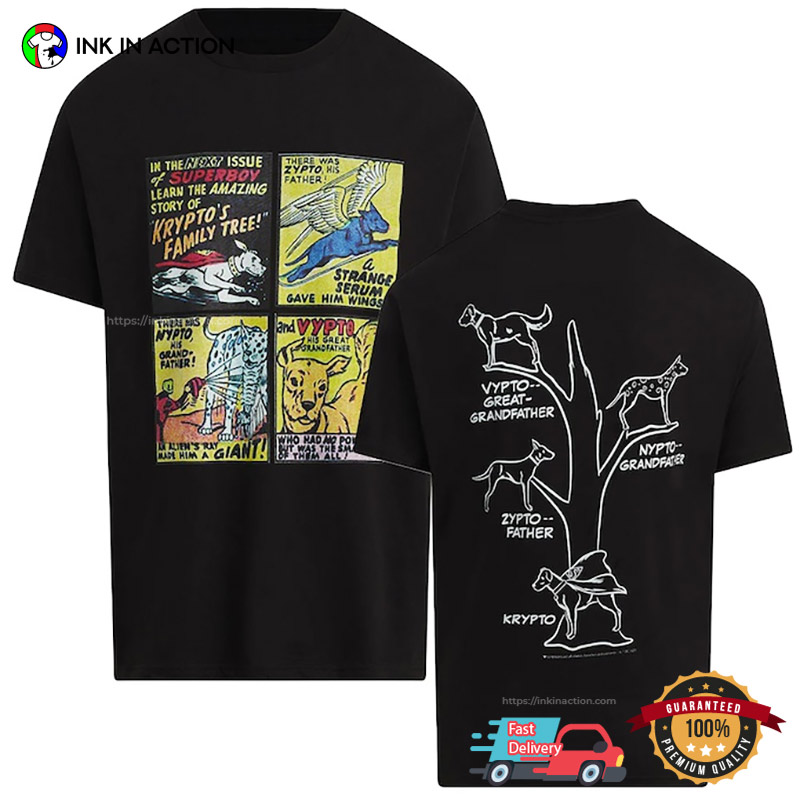 Krypto Family Tree Super Dogs Retro Comic 2 Sided T-Shirt