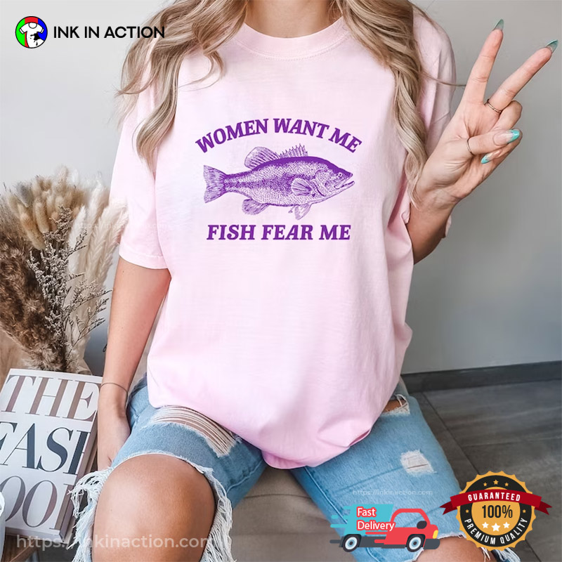 Women Want Me Fish Fear Me Fishing Men's Graphic T-Shirt, Black, Large