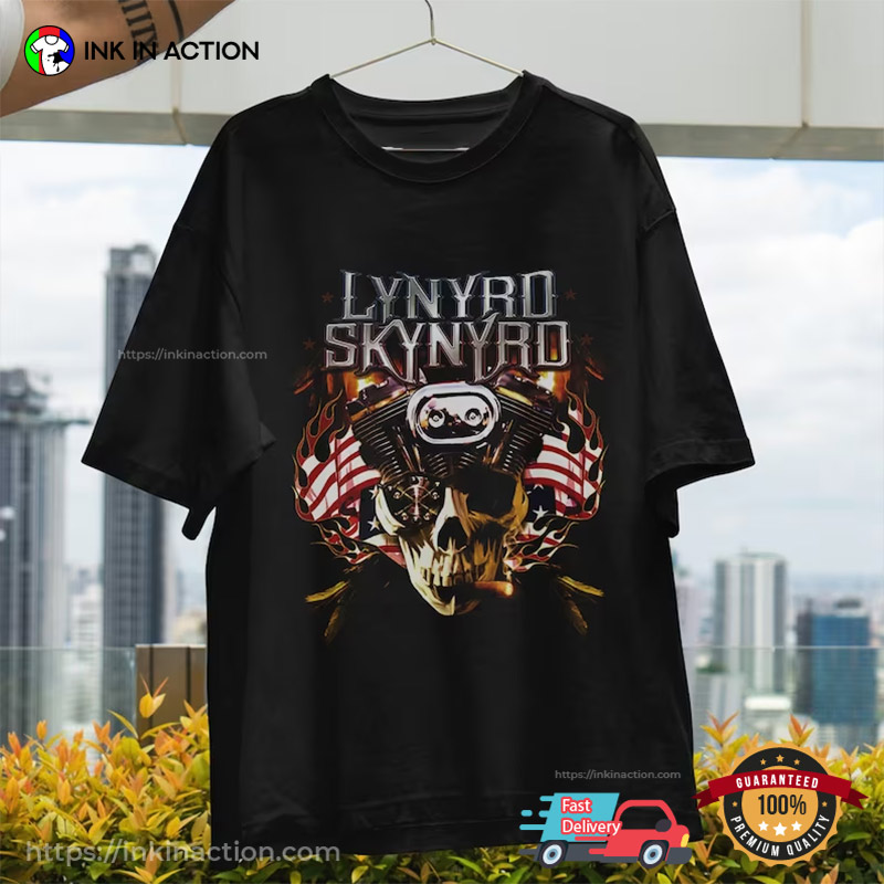 US Skull Lynyrd Skynyrd Original Band Classic Rock Music Tee