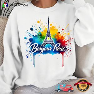 Bounjour Paris Eiffel Tower Olympic 2024 Watercolor Art T shirt 1