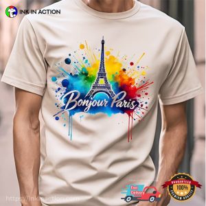 Bounjour Paris Eiffel Tower Olympic 2024 Watercolor Art T shirt 2