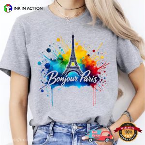 Bounjour Paris Eiffel Tower Olympic 2024 Watercolor Art T shirt 3