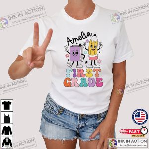 Personalized First Grade Back To School Cute Book And Pencil Graphic Shirt