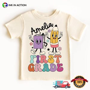 Personalized First Grade Back to School Cute Book And Pencil Grpahic shirt 3