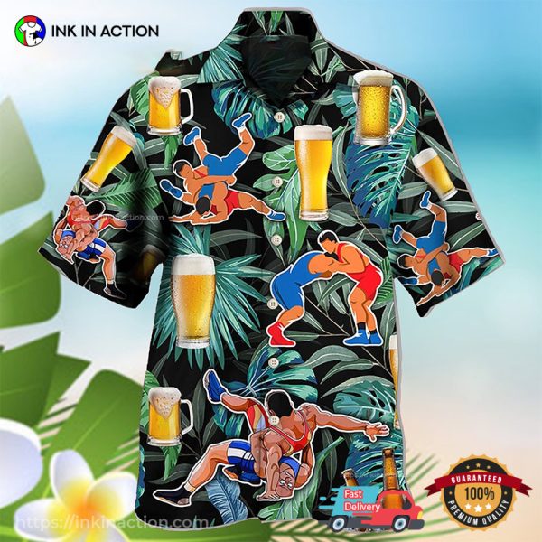 Beer And Wrestling Tropical Pattern Hawaiian Shirt