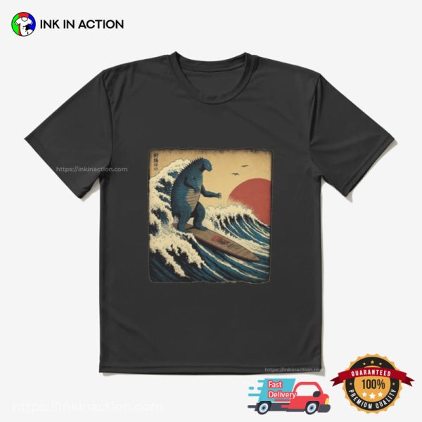 Godzilla Surfing The Great Wave Off Hokusai Funny T-shirt