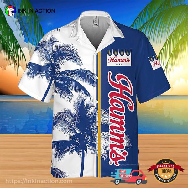 Hamm’s Beer Coconut Tree White And Blue Hawaiian Shirt