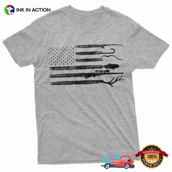 Hunting And Fishing America Flag Camping Activity T-shirt