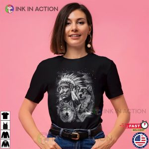 Native American Chief And Wolfs Art T shirt 1