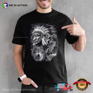 Native American Chief And Wolfs Art T shirt 3