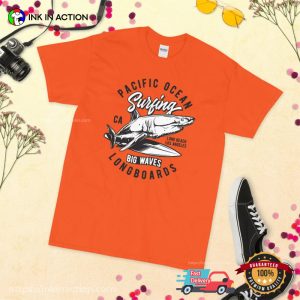 Pacific Ocean Surfing Longboards Funny Shark Surfing T shirt 2