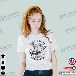 Pacific Ocean Surfing Longboards Funny Shark Surfing T-shirt