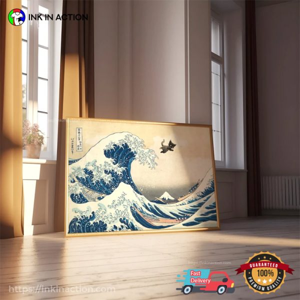 The Great Wave Off Kanagawa Black Cat Funny Wallart