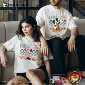 Watercolor Mickey And Minnie Checkered Couple Matching Comfort Colors Tee