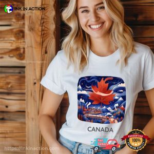 canada thanksgiving Maple Leaf Aurora Night Sky Art Tee 3