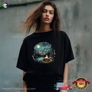 Camping Bonfire Night Full Moon Sky T shirt 1