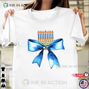 Candlestick Coquette Bow hanukkah blessings T shirt 1