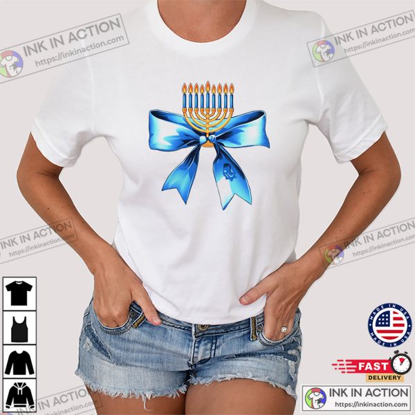 Candlestick Coquette Bow Hanukkah Blessings T-shirt