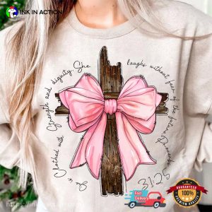 Cross Wood Pink Coquette Bow Bible Verse T shirt 2