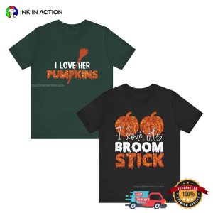 Funny Halloween Pumpkins And Broom Stick Couple Matching T-shirt