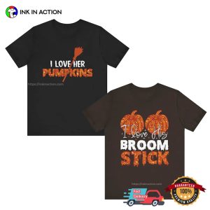 Funny Halloween Pumpkins And Broom Stick Couple Matching T shirt 2