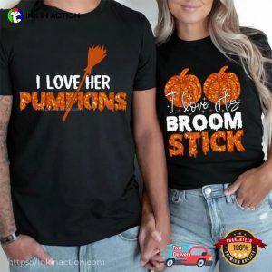 Funny Halloween Pumpkins And Broom Stick Couple Matching T shirt