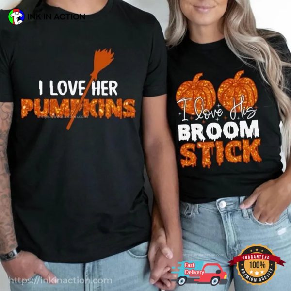 Funny Halloween Pumpkins And Broom Stick Couple Matching T-shirt