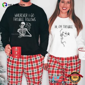 Funny Halloween Skeleton Trouble Couple Matching T-shirt