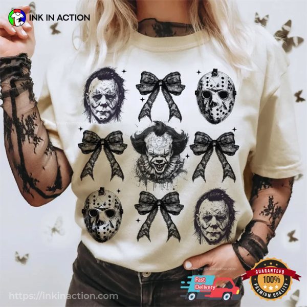 Horror Characters And Coquette Bow Retro Scary Halloween T-shirt